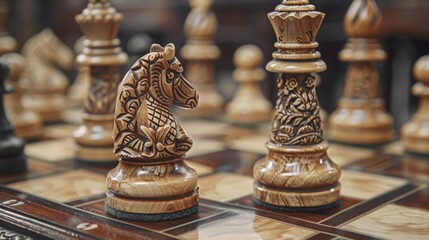 Elegant close up of a chessboard set for a game, focusing on carved wooden pieces. Chess tournament
