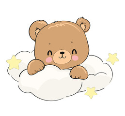 Teddy Bear sleeping on cloud, vector illustration, Hand Drawn Cute Print for baby, kids print design for pajamas