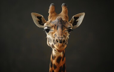 Naklejka premium A giraffe looks directly at the camera in a close-up portrait