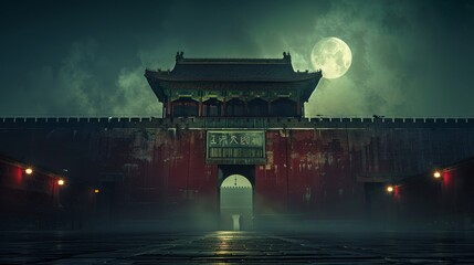 Obraz premium At night, 1947 Tiananmen Square, under the towering city wall, the moonlight shines on the ground through the city gate, the city wall is red, strong light and shadow dry, two gates on both sides, the