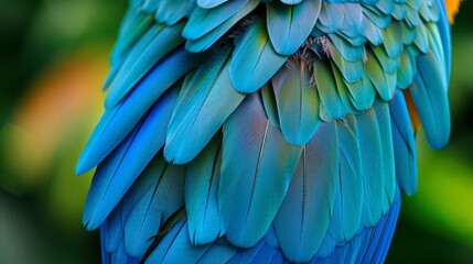 Obraz premium vibrant blue and green macaw feathers closeup vertical zoom wildlife photography