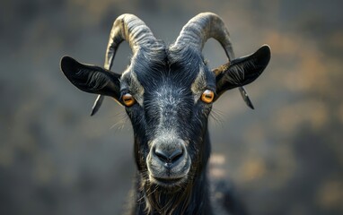 Black goat with golden eyes stares intently at the camera