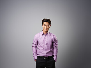 Fototapeta premium A joyful Asian man in purple and white clothes against an isolated background