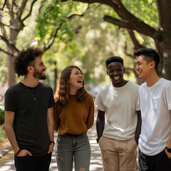 木々の緑が美しいキャンパスで、多国籍の大学生男女4人の若者グループが異文化交流し、自然の中で幸せな友情を築いている姿_AI写真