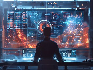 AI-driven data analysis, professional working with advanced tech, futuristic and high-tech office
