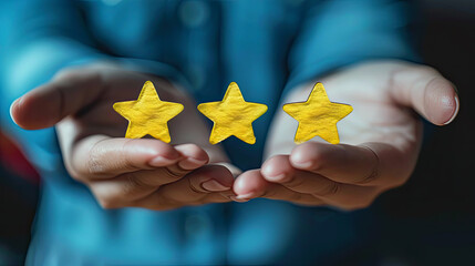 Person Holding Three Golden Stars In Open Hands. Generative AI