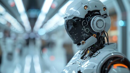 Fototapeta premium AI-powered robot assisting with data visualization, sleek interface and high-tech environment, innovative and efficient