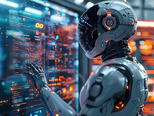 Fototapeta premium AI-powered robot assisting with data analysis, sleek interface and advanced tech, innovative and efficient setting