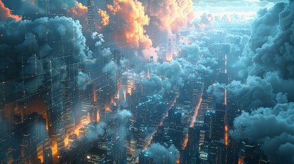 Obraz premium A modern city engulfed in clouds with digital elements, symbolizing the integration of advanced cloud technology and urban development.