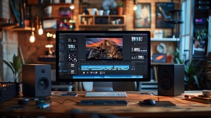 Creative cloud project in progress, multiple design elements on screen, modern and efficient workspace