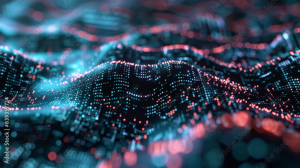 Poster a mesmerizing abstract digital wave pattern featuring glowing blue and red dots, creating a futurist