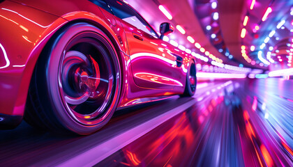 A close-up on the wheels of a red sports car, showing detailed motion blur as it speeds along a brightly lit neon highway, emphasizing technology and modern design.