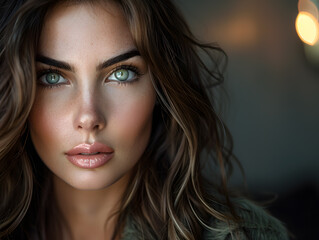 Obraz premium A stunning portrait of a 35-year-old female model with flawless skin and captivating eyes. She has long, flowing hair and is posed against a softly blurred, elegant background that complements her you