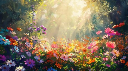 vibrant flower garden bursting with colorful blooms under radiant morning sunlight digital painting