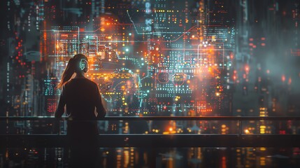 Fototapeta premium Machine learning engineer visualizing data, intricate and colorful models, focused and high-tech environment