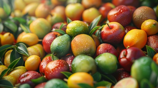 of exotic fruits in digital art, selective focus, tropical flavor, dynamic, overlay, farmers market backdrop