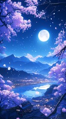 Serene night view of a moon over a village with blossoming sakura trees