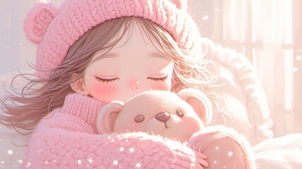 Cozy winter nap - child embracing teddy bear