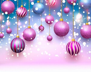 Fototapeta premium Pink, purple and blue Christmas balls with stars and sparkles on light background . New year, festive concept. Horizontal banner with copy space.