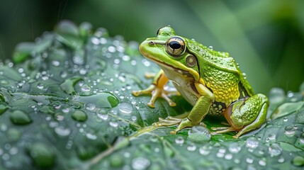 Naklejka premium vibrant green frog perched on dewy leaf after rainfall amphibian wildlife portrait photograph