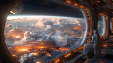 A lone astronaut stands in a futuristic space station corridor, gazing at a stunning view of a glowing planet through large windows.