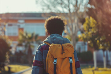 Backview of diverse student with backpack walking to a school building in the morning, back to school concept, Generative AI