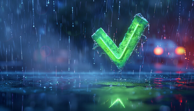 A vibrant checkmark in neon green, standing out against a rainy night sky, with raindrops visible