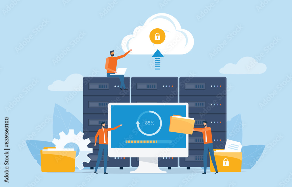 Aufkleber business technology cloud computing service concept and datacenter storage server connect on cloud with administrator and developer team working on dashboard monitor concept
