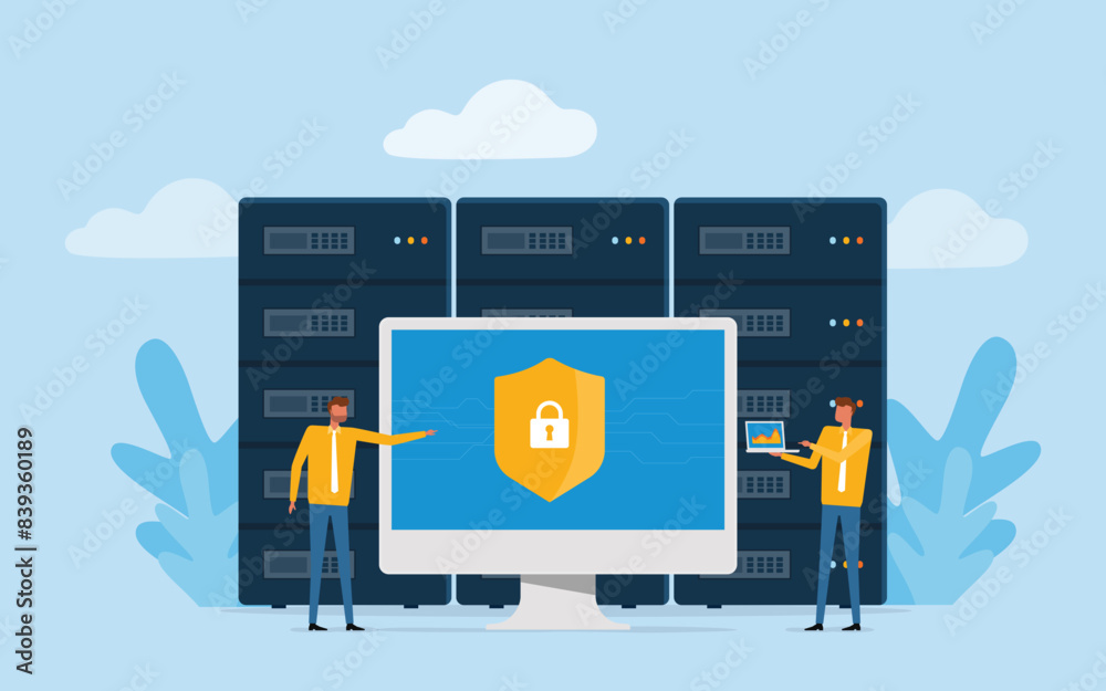Poster flat vector technology internet cyber security design concept and data security concept with people working	