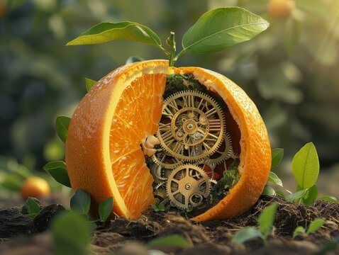 An orange split open with an intricate clockwork mechanism inside, representing time and nature