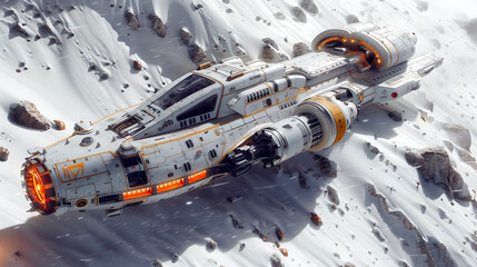 An alien spacecraft landing on the snowy surface of a remote planet field.