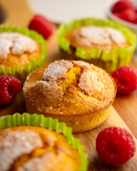 Homemade muffins with fresh raspberries in a French bakery.