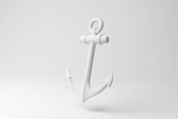 White anchor floating in mid air on white background in monochrome and minimalism. Illustration of the concept of marine industry and nautical equipment