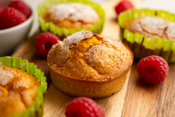 Homemade muffins with fresh raspberries in a French bakery.