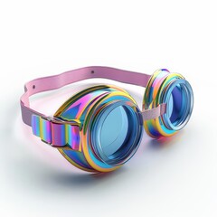 Colorful iridescent goggles with blue lenses and pink strap on white background.