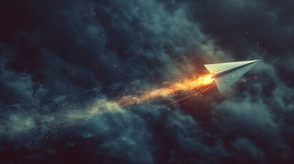 Fototapeta premium A minimalist vector art of a paper airplane in flight, dark background, clean white lines, simple and elegant composition