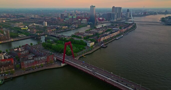 Aerial view of the Erasmus Bridge and island in the center of Rotterdam, Netherlands