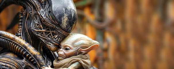 Portrait of an alien mother with her alien baby. Blurred background with copy space.