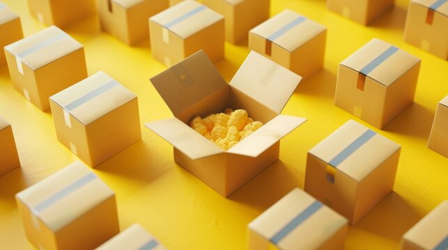 Open cardboard box with soft padding between closed boxes on yellow background. generative ai