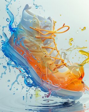 cinema 4d style,Water shoes, bold use of color, white background, soft lightning