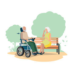 Happy elderly couple with electric wheelchair walking in the park. Rehabilitation and adaptation of people with disabilities. Vector illustration on a white background.