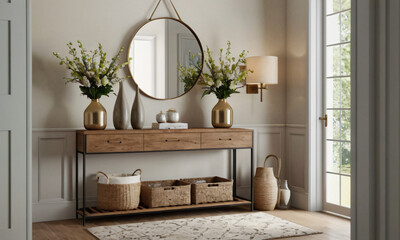 a high-quality 3D render of a modern entryway that exudes welcoming warmth. Incorporate elements such as a stylish console table, a large mirror, and functional storage solutions like hooks and a shoe