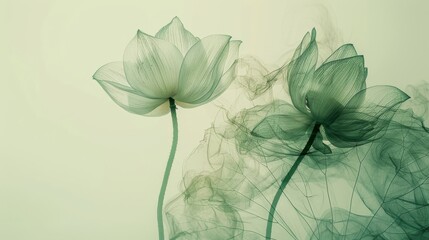 minimalism and abstract illustration, green background, ballpoint drawing art style, white, Capillary Effect, extremely close-up shot to fluorescent lotus, green patter with gradient translucent, high