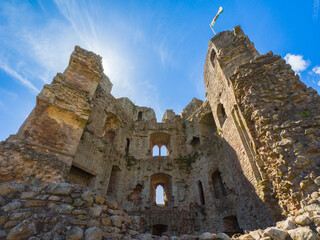 Looking up at inside ruined keep tower of Raglan Castle (Wales, United Kingdom)