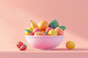 A minimalistic pastel scene featuring a bowl of mixed fruit, with generous copyspace surrounding the bowl