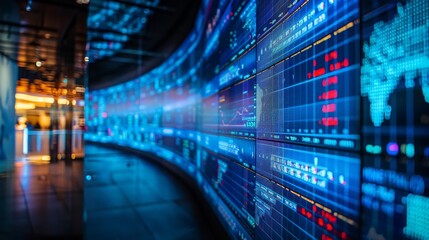 Dynamic Digital Stock Market Display with Real-Time Financial Data in a Modern Trading Room