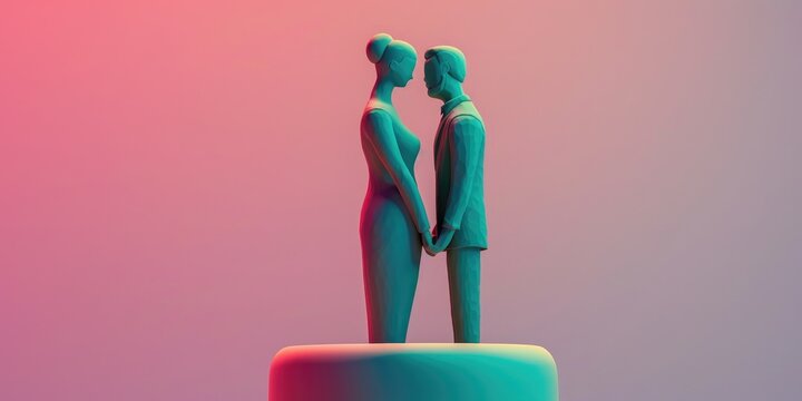 A minimal 3D clay wedding cake topper of a couple on a neon pastel background, with plenty of copyspace