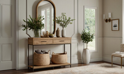 a high-quality 3D render of a modern entryway that exudes welcoming warmth. Incorporate elements such as a stylish console table, a large mirror, and functional storage solutions like hooks and a shoe