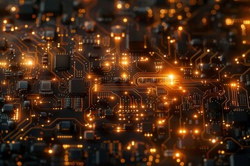 Close-Up of Glowing Circuit Board with Microchips and Electronic Components, Showcasing Modern Technology and Innovation in the Digital Age