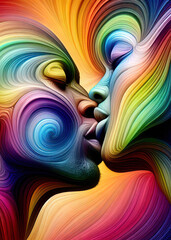 An abstract illustration of two faces kissing, in a loving embrace, depicted with vibrant, swirling colors symbolizing unity, pride, and diversity.  